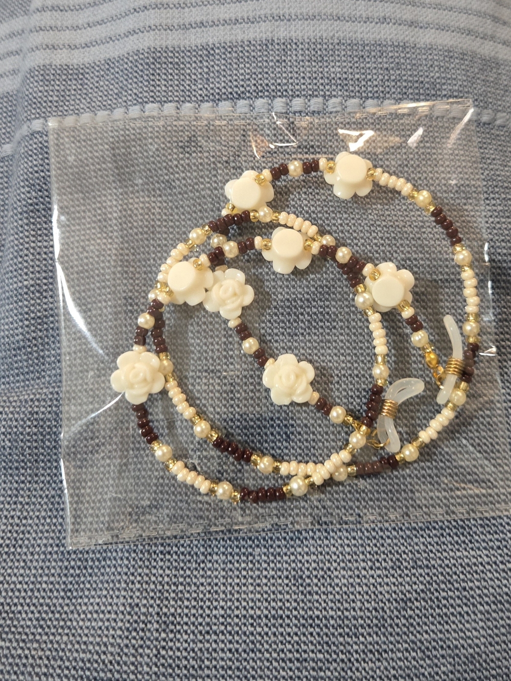 Brown & Cream Beaded Glasses Holder with Floral Details